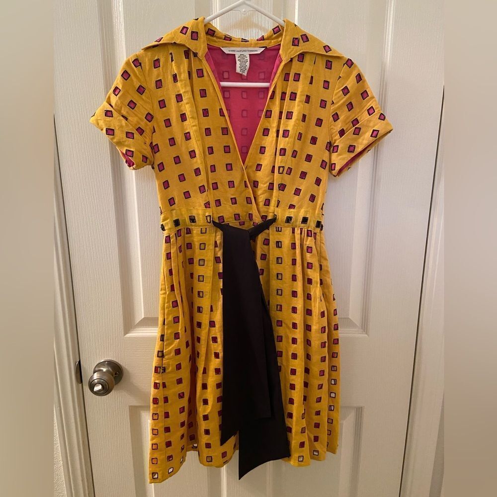 Diane Von Furstenberg Yellow Pink Cutout Bundette Linen Blend Dress Women's Sz 0